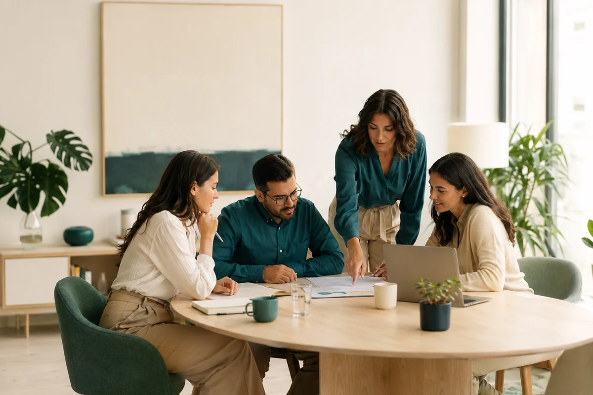 Equipo conversando y revisando información en una sesión de aprendizaje